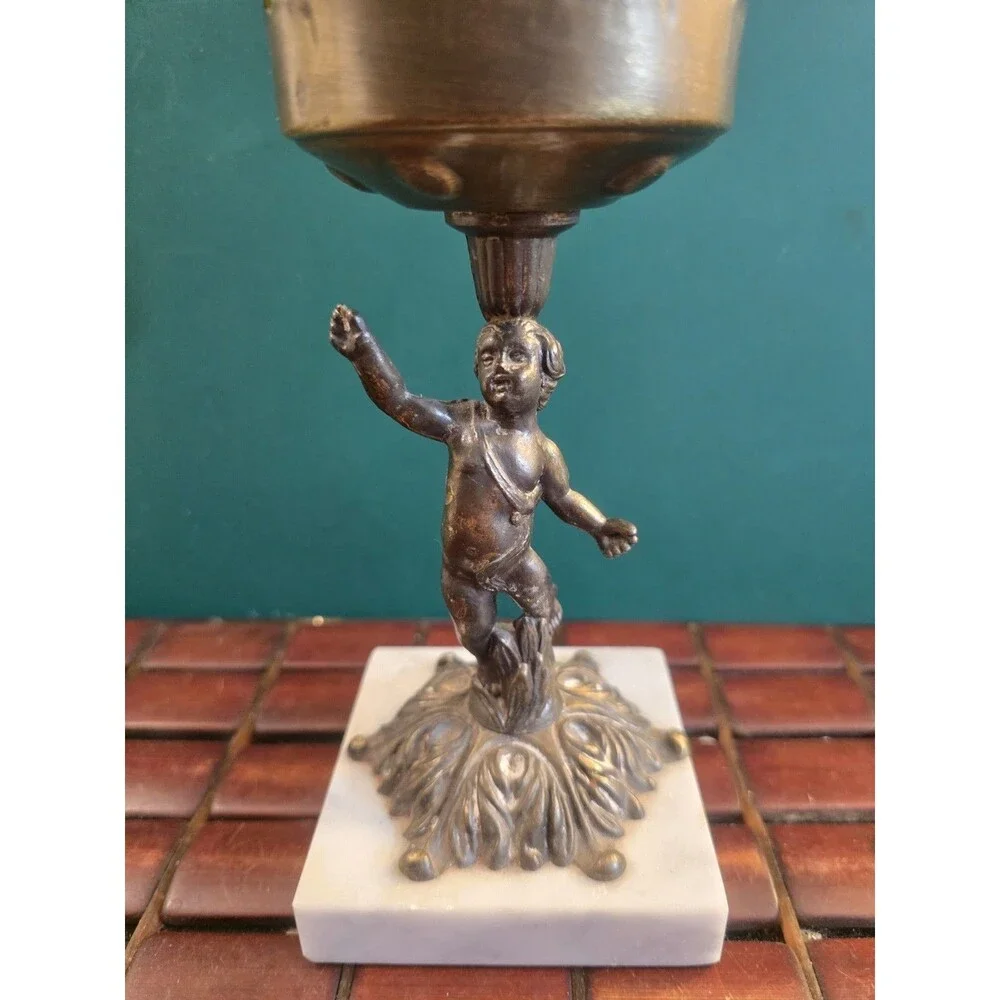 Cherub Candle Holder Bronze  w/ Marble Base Vintage Hollywood Regency 9.25